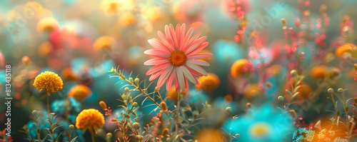 Vibrant Blooming Flowers in Peaceful Surreal Garden Landscape