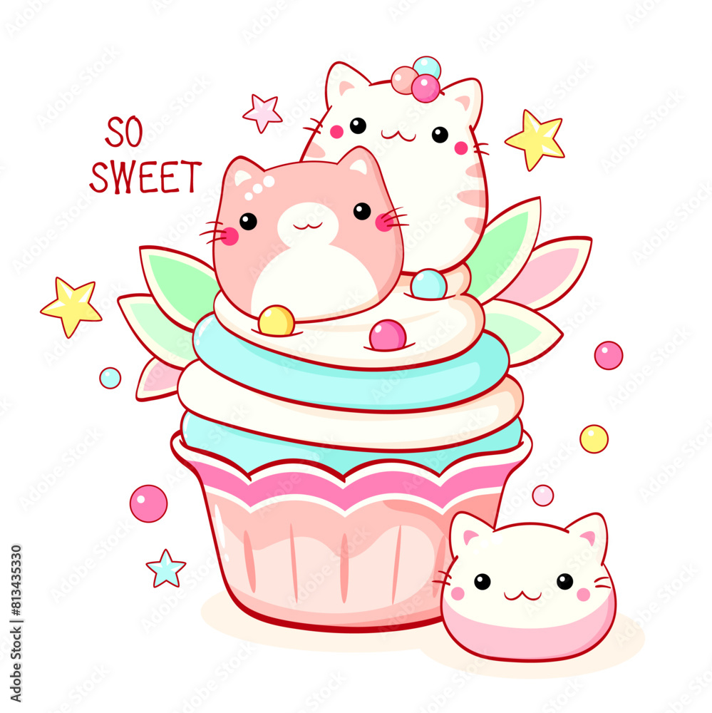 Cute cat-shaped dessert in kawaii style. Cake, muffin and cupcake with whipped cream and berry. Inscription So sweet. Can be used for t-shirt print, sticker, greeting card. Vector illustration EPS8 Cute cat-shaped dessert in kawaii style. Cake, muffin and cupcake with whipped cream and berry. Inscription So sweet. Can be used for t-shirt print, sticker, greeting card. Vector illustration EPS8