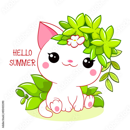 Cute season card in kawaii style. Lovely little cat with green leaves. Inscription Hello summer. Can be used for t-shirt print, stickers, greeting card design. Vector illustration EPS8