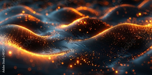 Abstract background of black waves and gold colored particles
