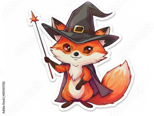 A fox sticker wearing a magician's hat and holding a wand, isolated on a white background. Sharp focus, high detail, crisp edges, 8k resolution. photo