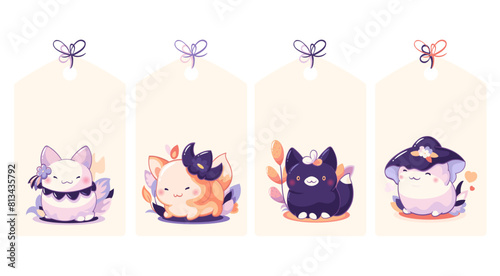Calm autumn season. Set of cute tag in retro style with little kitty. Collection of vintage label with tiny baby cat and autumn leaves. Vector illustration EPS8