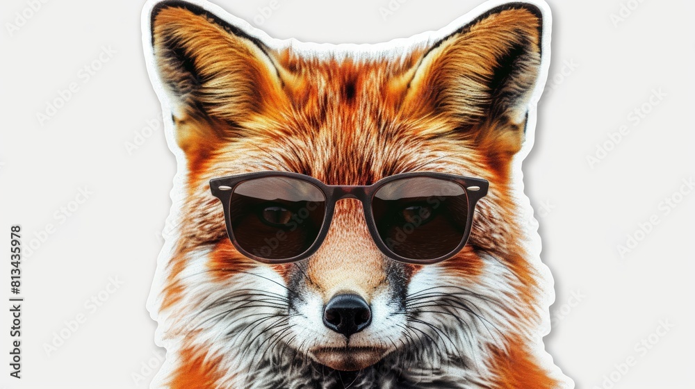 A fox sticker wearing sunglasses and a cool expression, isolated on a white background. Sharp focus, high detail, crisp edges, 8k resolution.