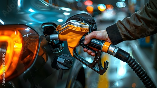 hand gripping a fuel dispenser nozzle at a gas station photo