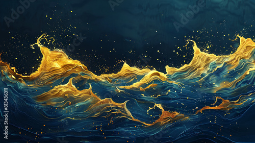 Magical fairytale ocean waves art painting. Unique blue and gold wavy swirls of magic water. Fairytale navy and yellow sea waves. Children’s book waves, kids nursery cartoon illustration photo