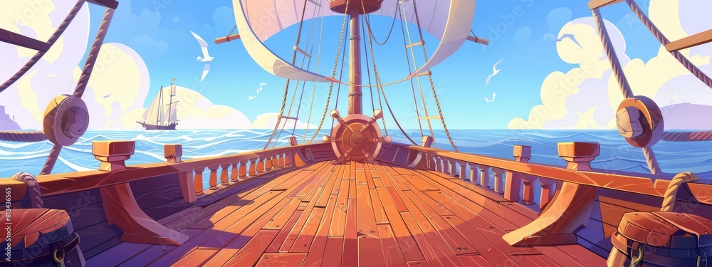 Obraz premium Cartoon illustration of deck of a pirate ship. Onboard view.