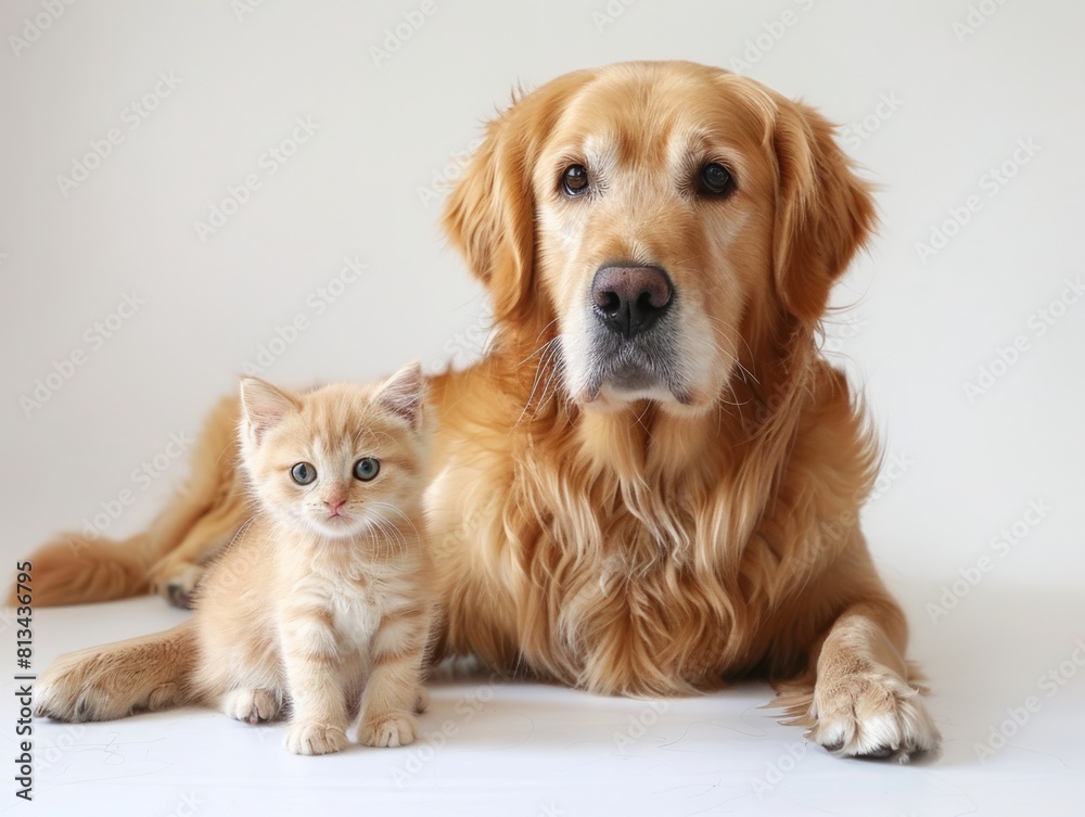 A golden retriever and a kitten are sitting together. A golden retriever and a kitten are sitting together.