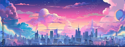 Landscape of futuristic city in anime style. Skyscrapers against a purple sky photo