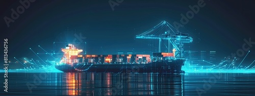 Hologram of side view of digital cargo port with ship on the dark blue background