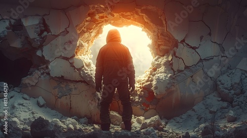 person breaking through a wall to escape from a dangerous