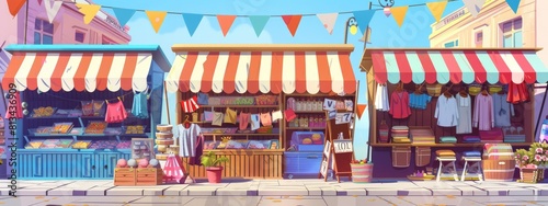 A landscape with outdoor wooden stalls selling goods from local manufacturers