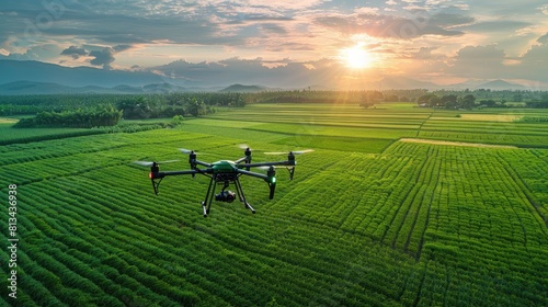 A drone is flying over a green field. The sun is setting in the background. The drone is being used to monitor the health of the crops.