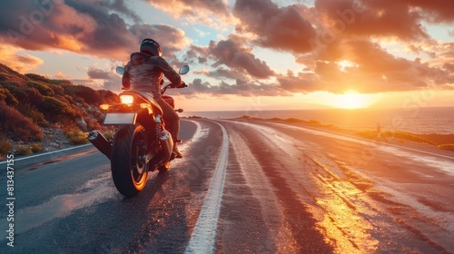 A lone motorcycle rider speeds down a coastal highway as the sun sets behind them. photo