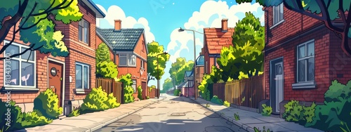 A cozy street in a suburban area with low brick houses and green trees photo