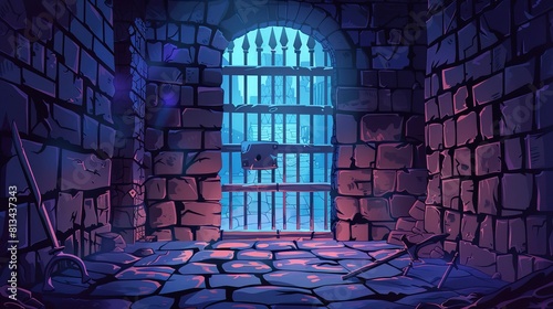 The interior of a medieval dungeon, the walls are made of stone bricks, the door to the prison is made of iron bars.