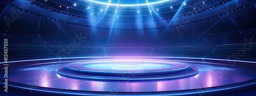 The stadium's stage hall with round stage neon lights.