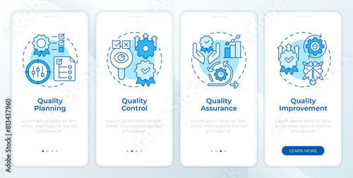 Quality management components blue onboarding mobile app screen. Walkthrough 4 steps editable graphic instructions with linear concepts. UI, UX, GUI template. Montserrat SemiBold, Regular fonts used