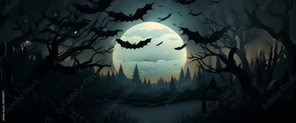 Minimalist paper-cut style of a bat silhouetted against the moon, realistic 3D night sky,