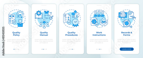 QMS documents blue onboarding mobile app screen. Walkthrough 5 steps editable graphic instructions with linear concepts. UI, UX, GUI template. Montserrat SemiBold, Regular fonts used