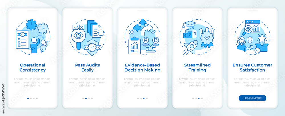 QMS organization benefits blue onboarding mobile app screen. Walkthrough 5 steps editable graphic instructions with linear concepts. UI, UX, GUI template. Montserrat SemiBold, Regular fonts used QMS organization benefits blue onboarding mobile app screen. Walkthrough 5 steps editable graphic instructions with linear concepts. UI, UX, GUI template. Montserrat SemiBold, Regular fonts used