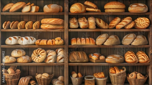 A variety of fresh loaves of bread are neatly arranged on a rustic wooden shelf, showcasing the craftsmanship and quality of each type. Generative AI