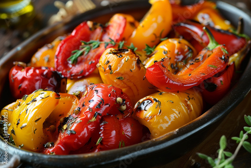 a dish of roasted bell peppers seasoned with garlic, thyme and various spices