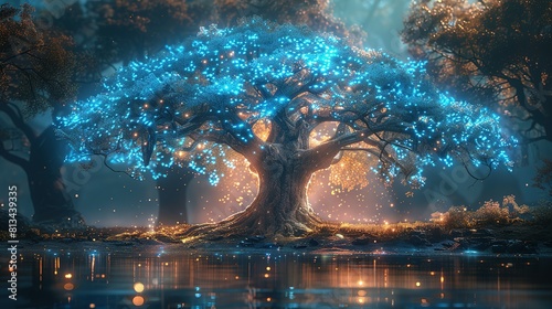 Enchanted Nights  Illuminated Tree by the Mystical Waters