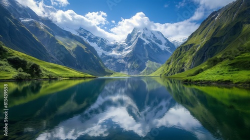 lake nestled amidst towering snow-capped mountains, reflecting the azure sky above and lush greenery, tranquil clarity to the beauty and tranquility of nature's untouched landscapes.