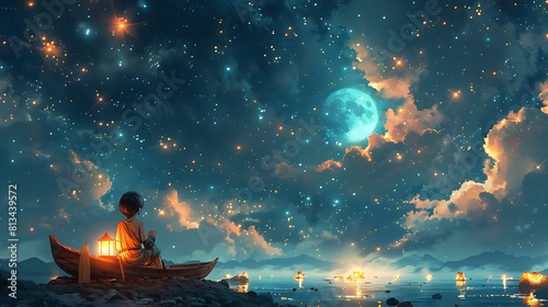A boy with lanterns on his back sits in the wooden boat, carrying tools and an oil lamp, with romantic peaceful night sky