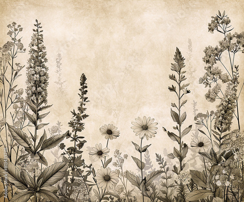 Vintage botanical print, featuring various plants and flowers . AI generative.