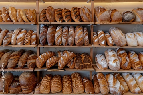 Various types of fresh bread beautifully displayed on shelves in a bakery. Generative AI