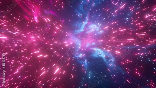 Neon Pink and Blue Virtual Reality Cosmic Landscape with UV Light and Fireworks. Concept Virtual Reality, Neon Colors, Cosmic Landscape, UV Light, Fireworks