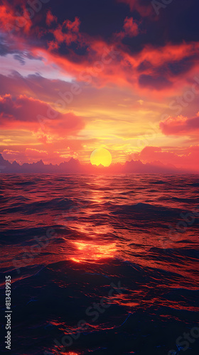Mesmerizing Sunset over Tranquil Ocean with Silhouette of Mountain Peaks in the Distance
