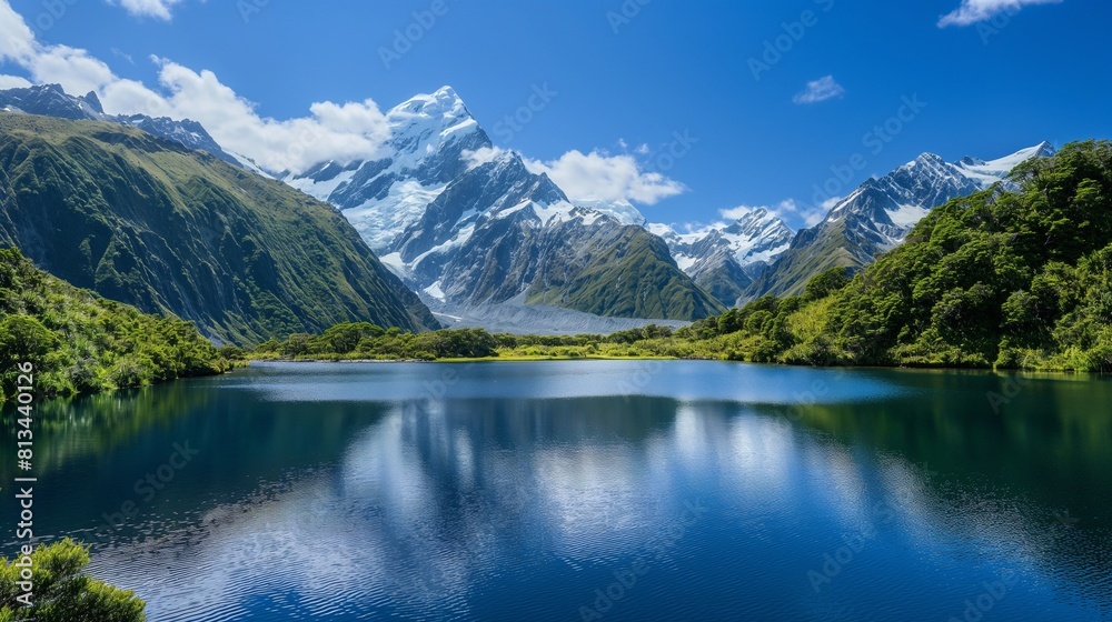 mountains in lake nestled amidst towering snow-capped mountains, reflecting the azure sky above and  lush greenery,  tranquil clarity to  the beauty and tranquility of nature's untouched landscapes.