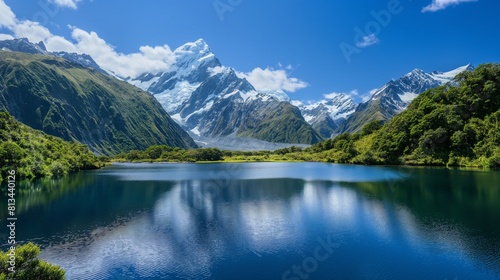 mountains in lake nestled amidst towering snow-capped mountains, reflecting the azure sky above and lush greenery, tranquil clarity to the beauty and tranquility of nature's untouched landscapes.