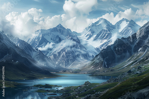 a fantastic view of a snowcapped mountain range with a lake surrounded by snowcapped mountains and a cloudy sky in the background  photo