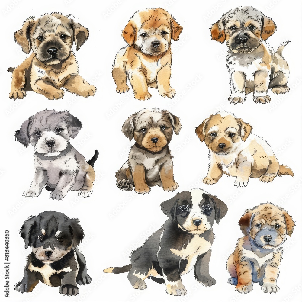 A cute set of watercolor puppies, each showcasing different breeds and poses, presented in a lively, animated style, isolated white background