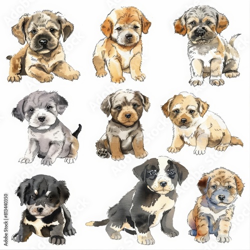 A cute set of watercolor puppies  each showcasing different breeds and poses  presented in a lively  animated style  isolated white background