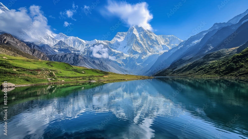 A serene lake nestled amidst towering snow-capped mountains, reflecting the azure sky above and  lush greenery, and tranquility of nature's untouched landscapes.
