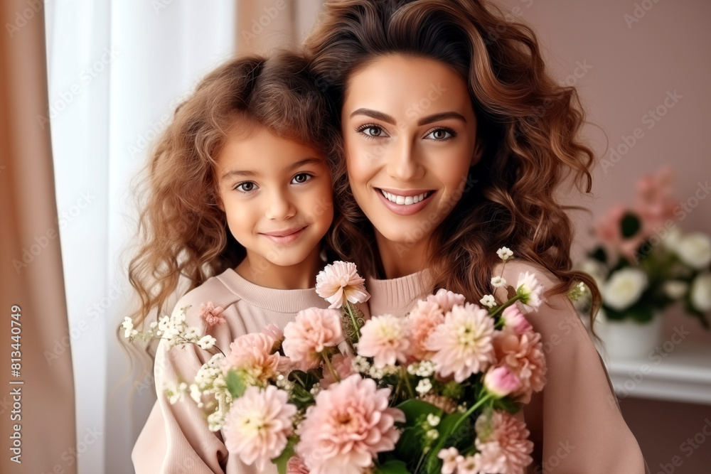Mother and daughter smiling together with bouquet of roses Mother and daughter smiling together with bouquet of roses