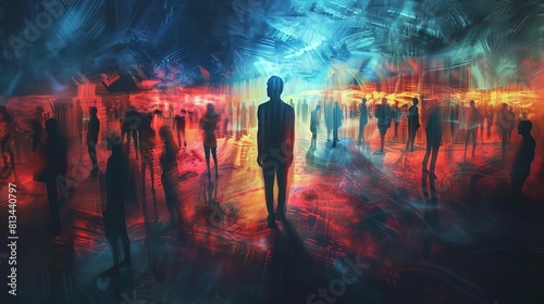 A narrativedriven image of a person standing in a crowded place yet surrounded by an aura of solitude, illustrating social isolation in depression