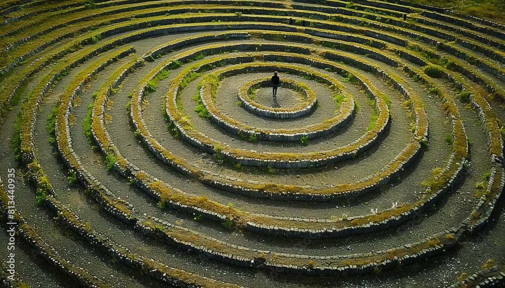 A single person walking in a labyrinth garden, metaphor for the complex journey through depression and recovery A single person walking in a labyrinth garden, metaphor for the complex journey through depression and recovery