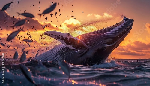 A vibrant, closeup action shot of a Bryde s whale s mouth wide open, scooping thousands of small fish, against a sunset backdrop photo