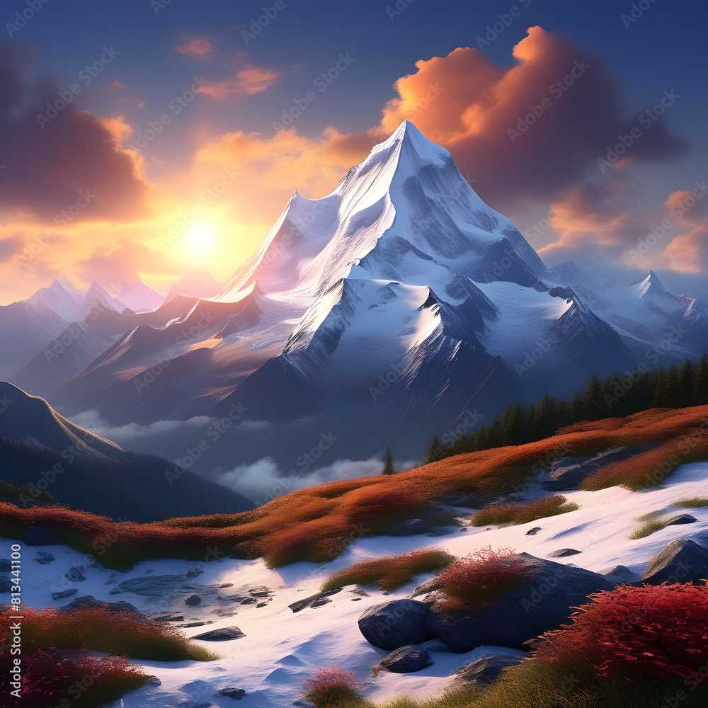 sunset in the mountains,Summit of Solace: A Sunset Over Snowy Peaks, GenerativeAI