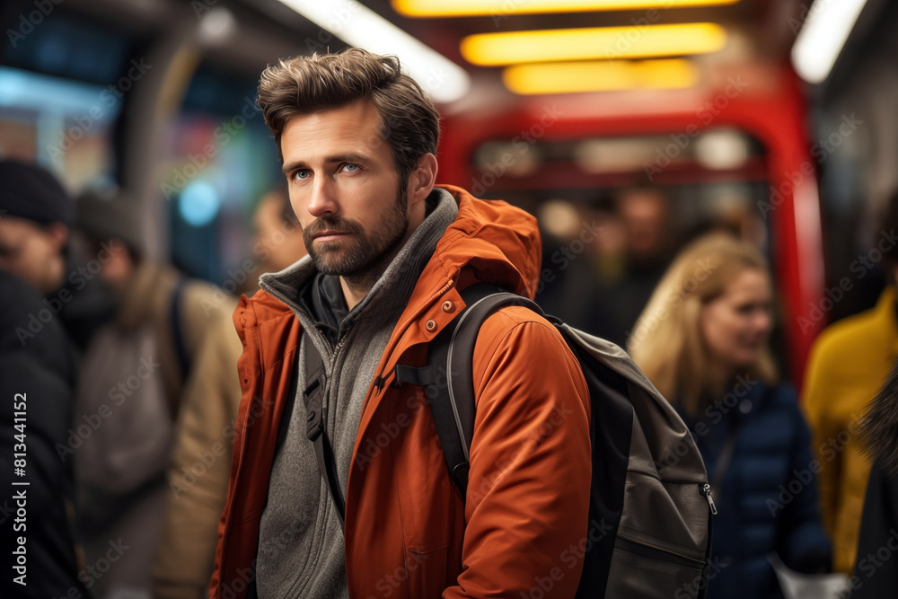 Stylish man in winter attire waiting in crowded subway station Stylish man in winter attire waiting in crowded subway station