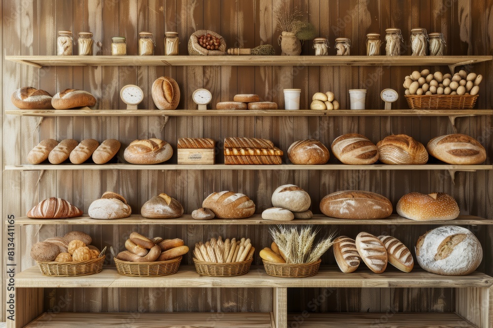A selection of artisanal bread displayed neatly on shelves in a quaint bakery setting, showcasing a variety of freshly baked loaves. Generative AI