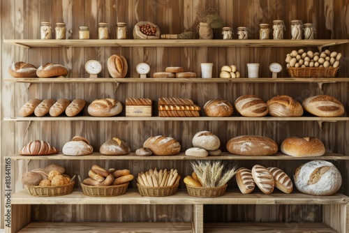 A selection of artisanal bread displayed neatly on shelves in a quaint bakery setting, showcasing a variety of freshly baked loaves. Generative AI