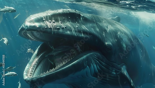 A detailed closeup capturing a rare moment of a sei whale feeding on small fish, focusing on the interaction between predator and prey photo