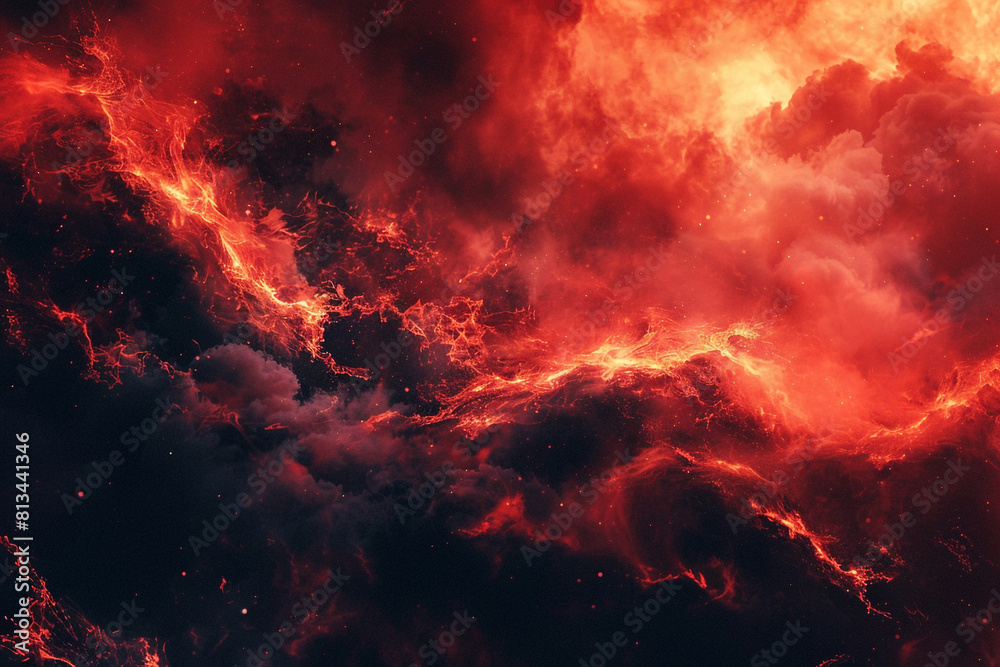A fiery toned red sky and abstract black and red background with smoke and flame effects Wide banner for design 