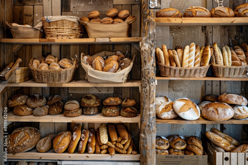 Colorful baskets of freshly baked bread fill the shelves in a bustling bakery, showcasing a variety of shapes, sizes, and types of bread. Generative AI